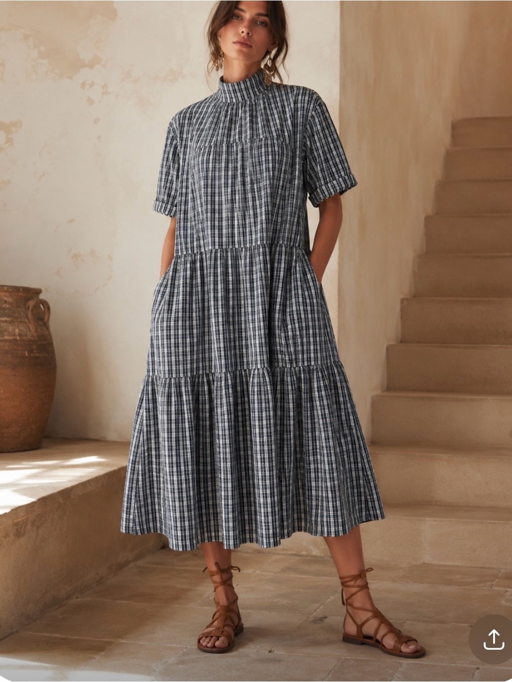 EVERLANE 100% Cotton High-Neck Tiered Midi Dress in Navy Plaid Size Small